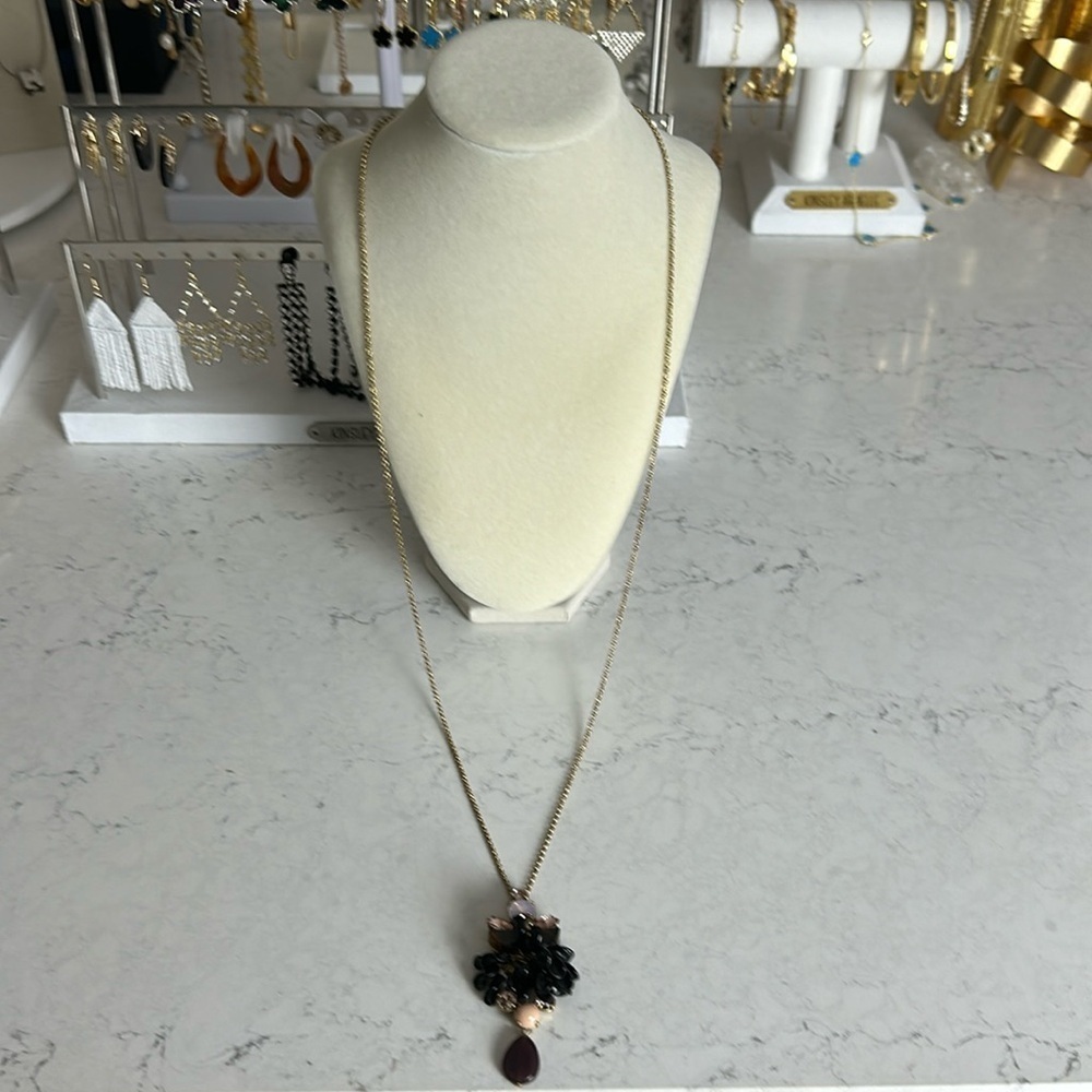 J Crew long gold tone with black/pink/brown/cream stone costume necklace
